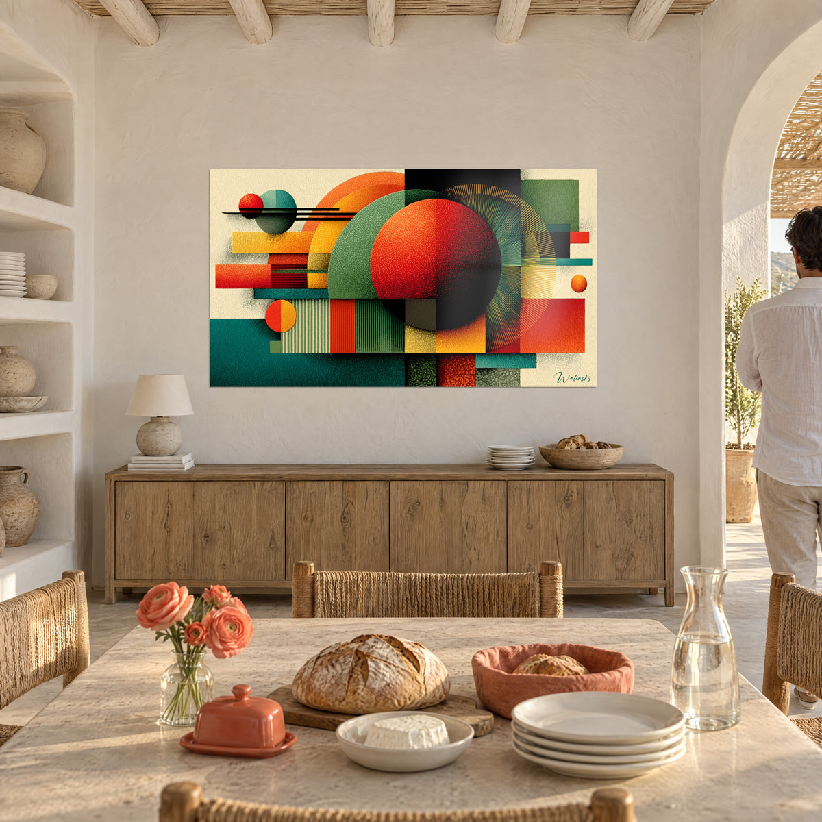 Cuadro de arte abstracto Bauhaus, globo escarlata y rayos dorados sobre fondo crema, pared encalada, comedor, hombre de espaldas junto a un arco