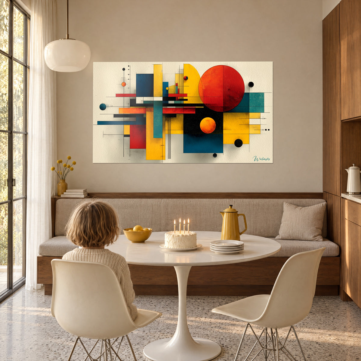 Cuadro sinfonía de rectángulos amarillos, azules y negros y un sol rojo, en la pared de un comedor, un niño sentado a la mesa de espaldas