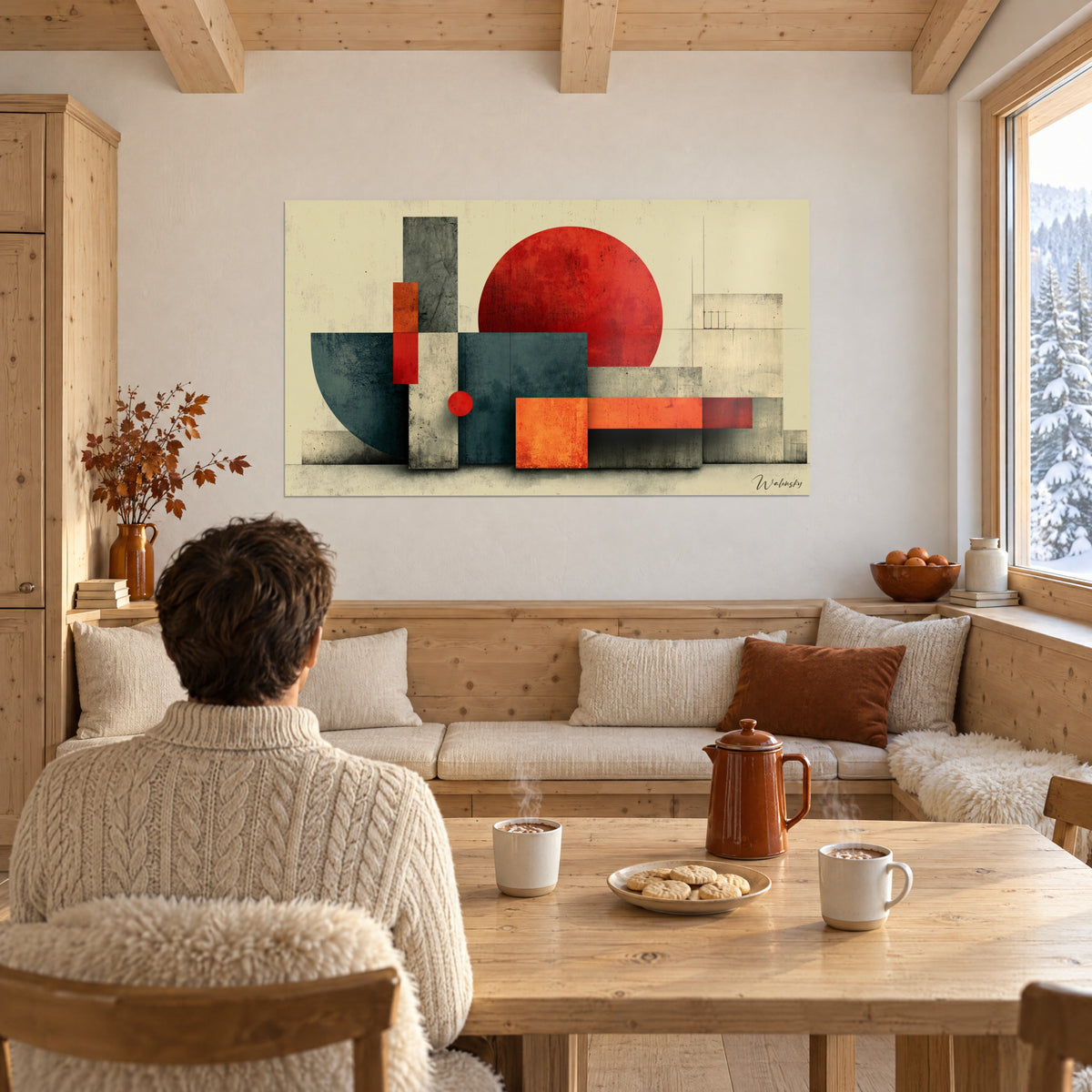 Obraz z czerwonym ciałem niebieskim na szarej i pomarańczowej abstrakcyjnej architekturze, mężczyzna tyłem siedzący przy stole w chacie zanurzonej w śniegu