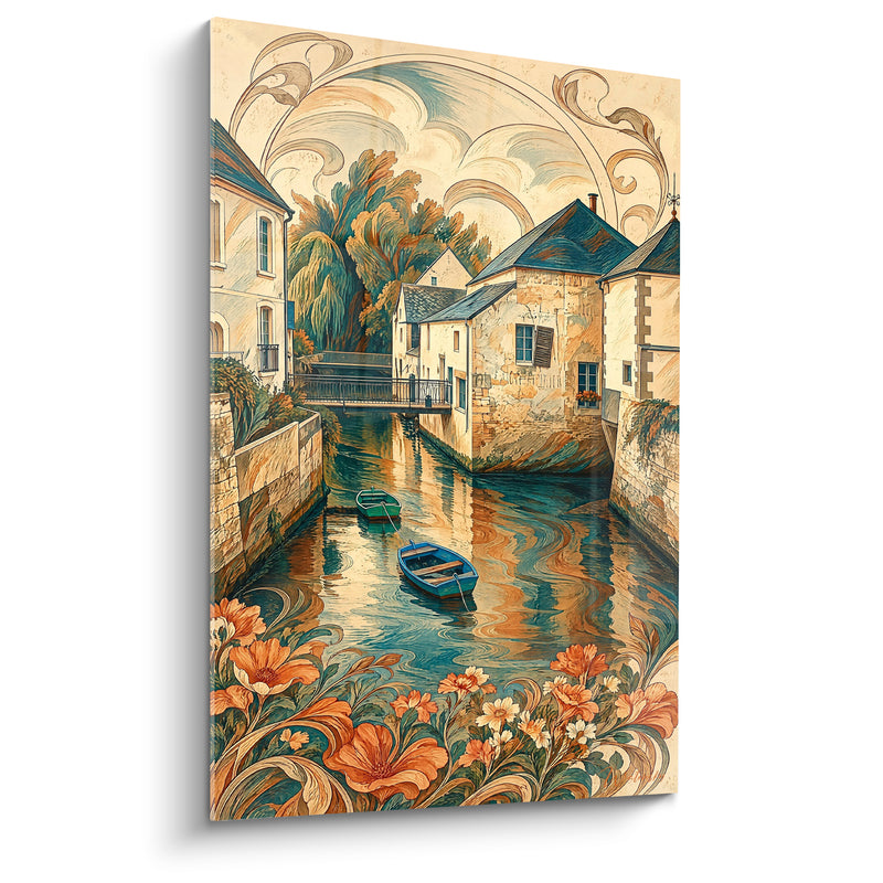 Tableau Canal normand aux barques bleues et orangées - Dérive paisible - Edition Bayeux  Normandie  France