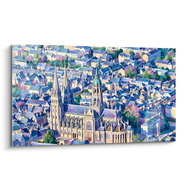 Tableau Cathédrale gothique toits bleus et tourelle turquoise - Éveil d'une cité médiévale - Edition Bayeux  Normandie  France