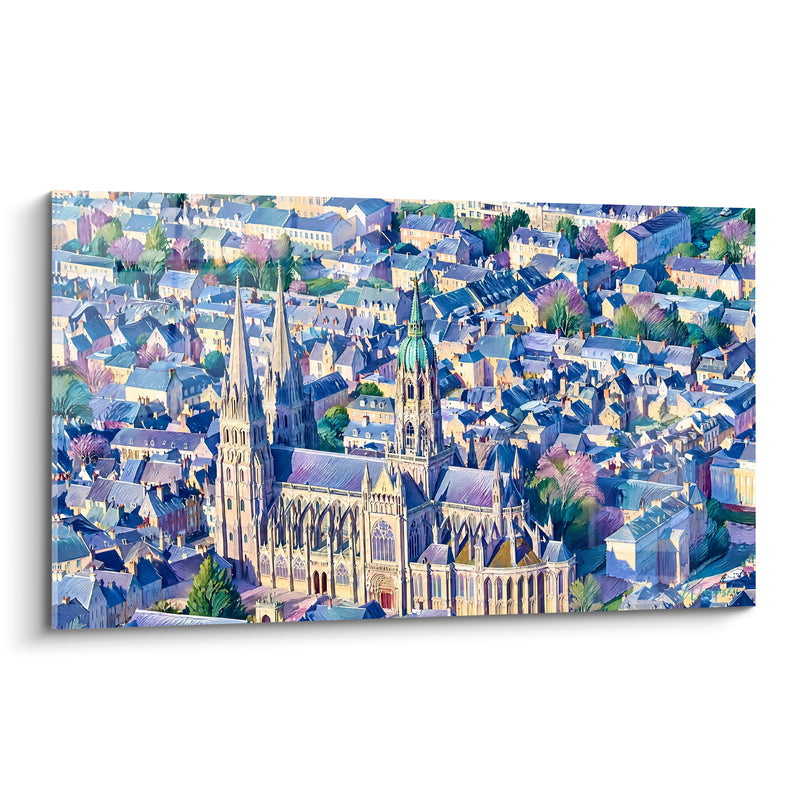 Tableau Cathédrale gothique toits bleus et tourelle turquoise - Éveil d'une cité médiévale - Edition Bayeux  Normandie  France