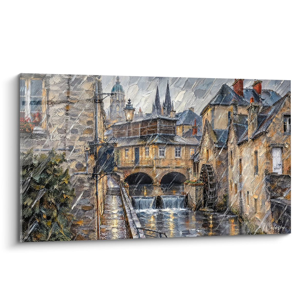 Tableau moulin de Bayeux ocre et roue à aube brune sous une pluie fine, clochers gris en fond