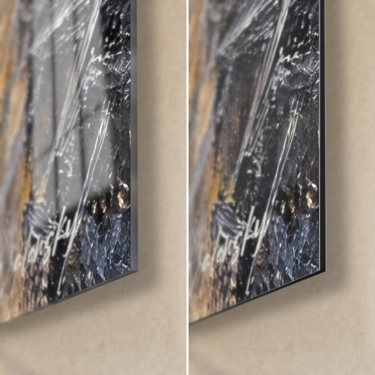 Tableau ruelle pluvieuse de Bayeux, coin bas droit : verre acrylique brillant reflétant la lumière, Dibond noir mat, tranche de 3 mm