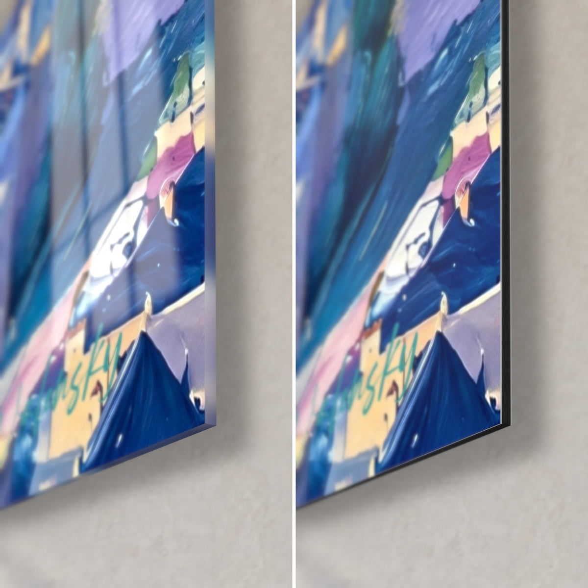 Wall art medieval town with blue and mauve roofs, bottom right corner: glossy acrylic glass on the left, matte Dibond and edge on the right