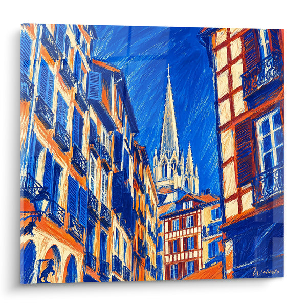 Tableau Cathédrale et façades bleu ocre bayonnaises - Flèche entre les toits - Edition Bayonne  Nouvelle-Aquitaine France