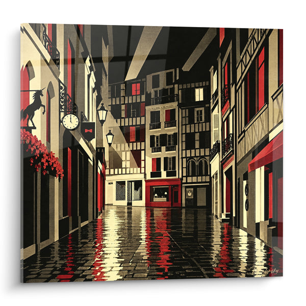 Tableau Ruelle basque aux pavés rouges et noirs - Nuit basque silencieuse - Edition Bayonne  Nouvelle-Aquitaine France