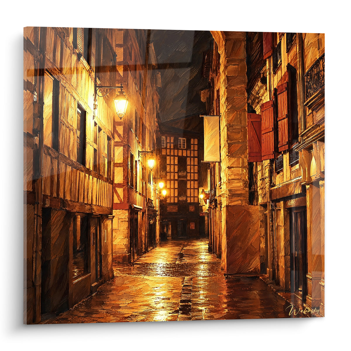 Tableau ruelle de Bayonne nocturne aux volets rouge terracotta et pavés dorés illuminés