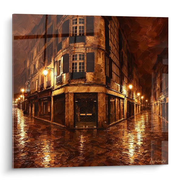 Tableau Rue pavée ocre et brun sous la pluie - Nuit pluvieuse - Edition Bayonne  Nouvelle-Aquitaine France