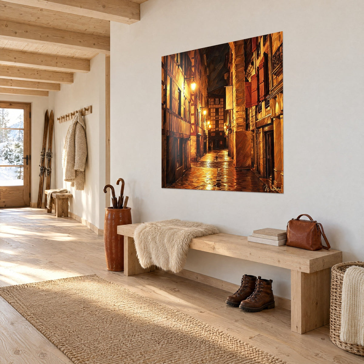 Tableau rue médiévale de nuit, pavés luisants orange et façades à pans de bois brun, accroché en trois-quarts dans un chalet