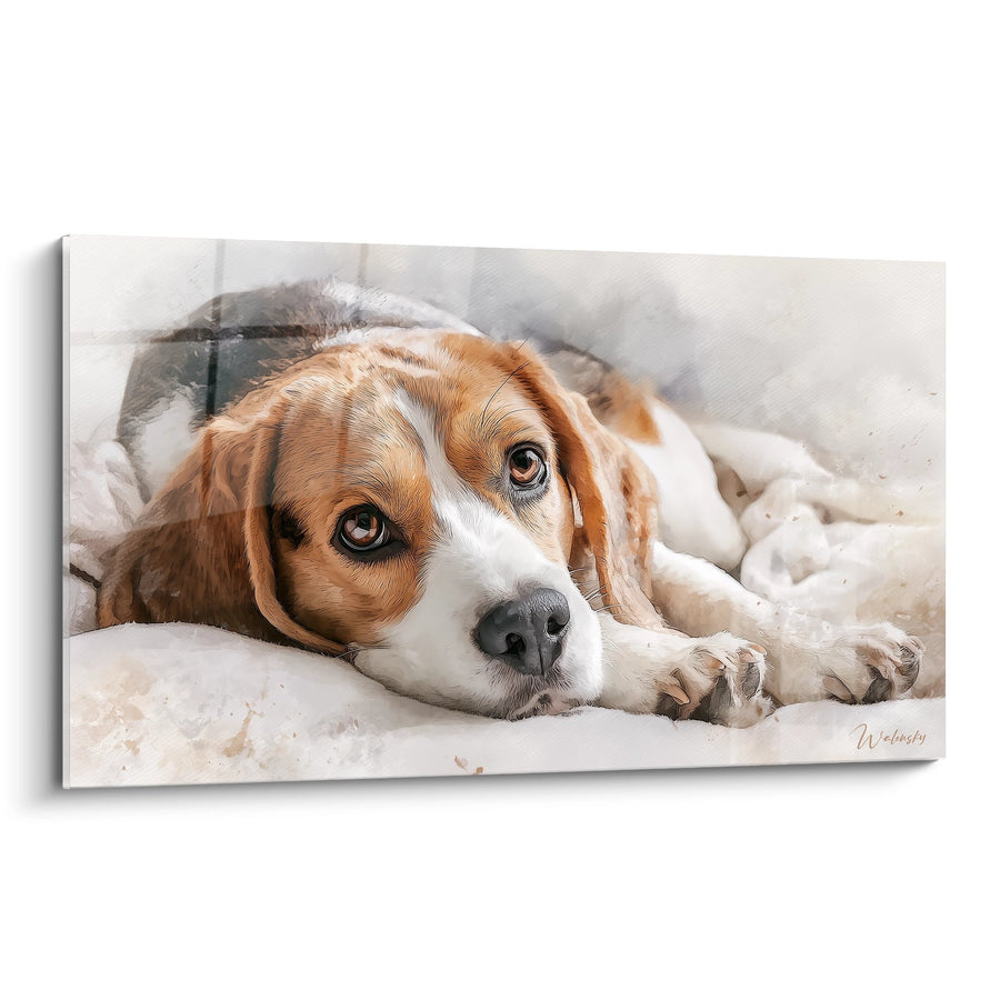 Tableau Beagle Allongé aux Yeux Tendres - Portrait Aquarelle Réaliste - Edition Tableau Beagle