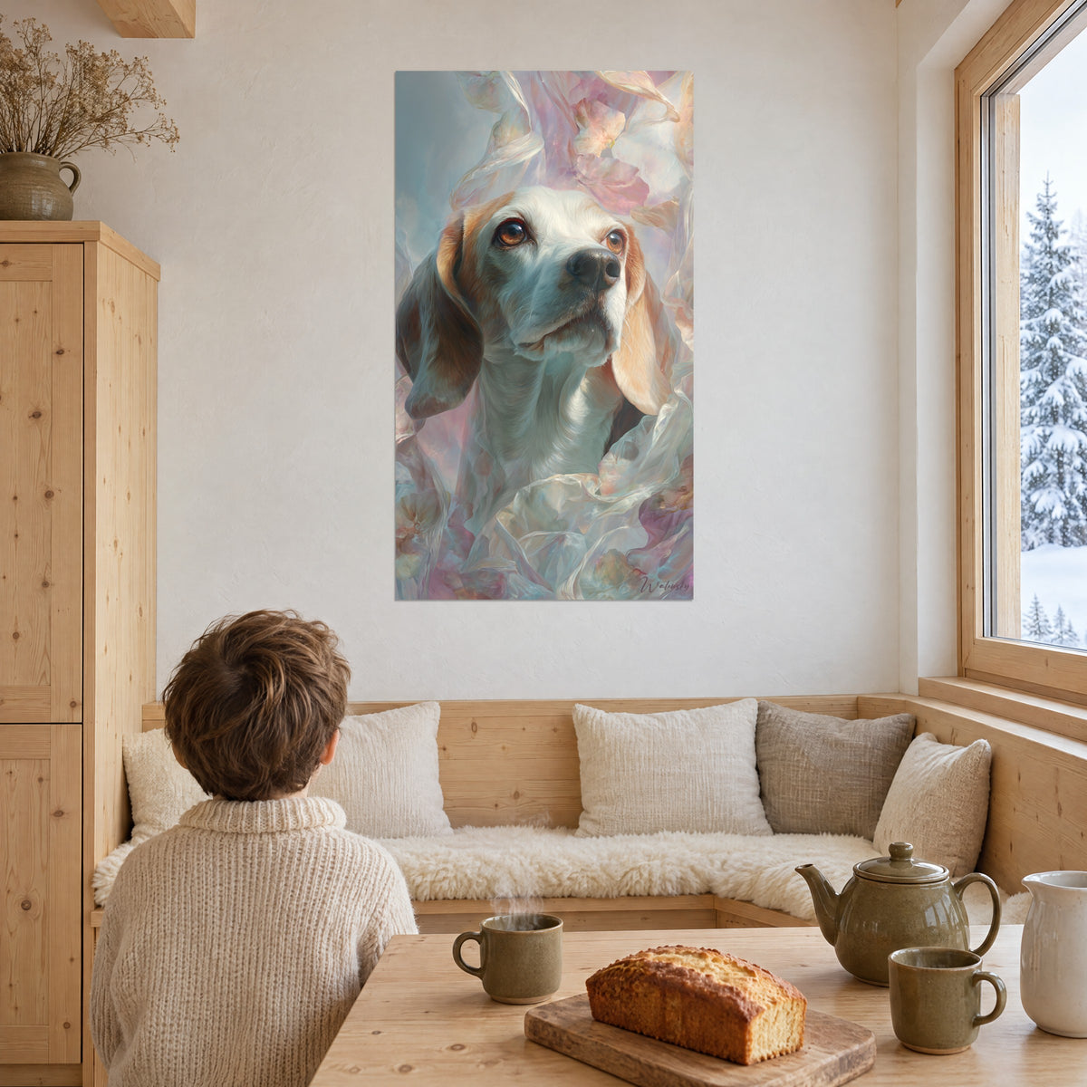 Obraz beagle wpatrzony w niebo, delikatne różowe płatki i szaro-błękitne welony, naprzeciw drewnianej ławki, zaśnieżony domek górski