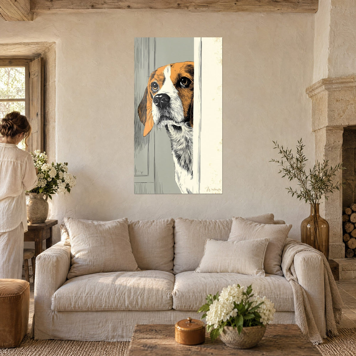 Wall art tricolour beagle sliding its snout behind a cream door frame, sage grey background, above a sofa in a bright living room