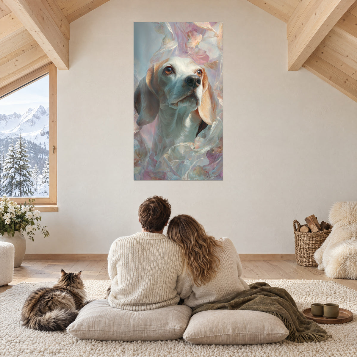 Obraz marzycielski beagle, zwiewny jedwab w różu i perłowej szarości, para tyłem na beżowych poduszkach, Maine Coon, domek górski