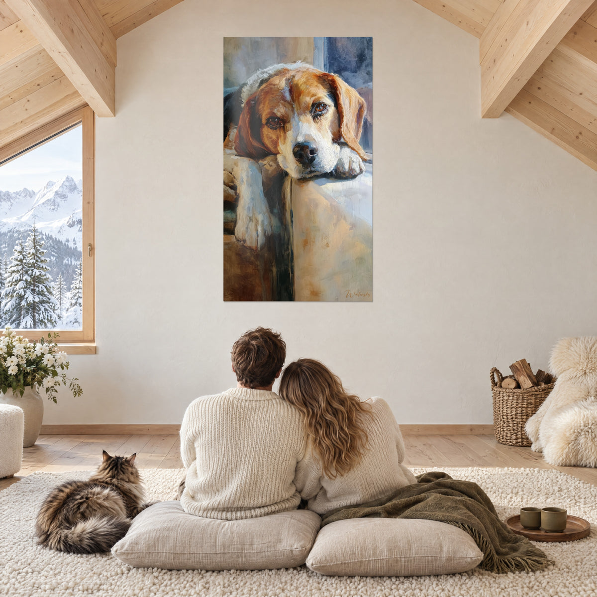 Πίνακας με ήρεμο beagle με μισόκλειστα βλέφαρα, λαμπερά κοκκινωπά και λευκά χρώματα, απέναντι σε ένα ζευγάρι και μια γάτα Maine Coon πάνω στο χαλί του σαλέ