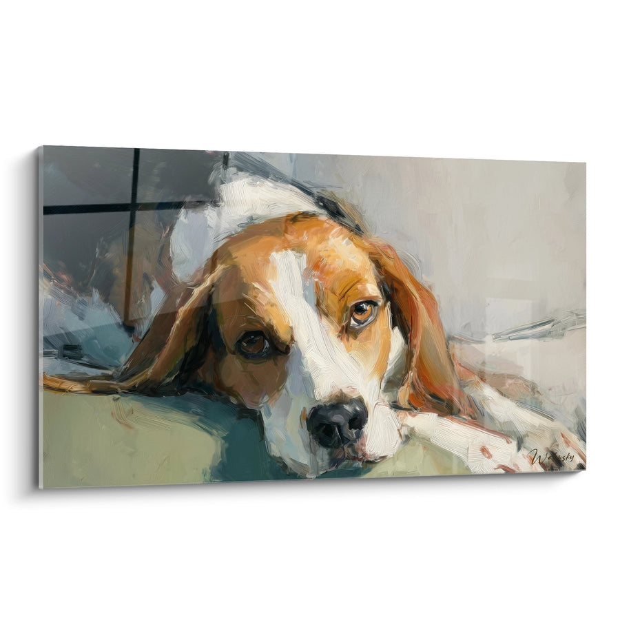 Tableau Chien Beagle Endormi aux Tons Ocre et Blanc - Repos Paisible - Edition Tableau Beagle
