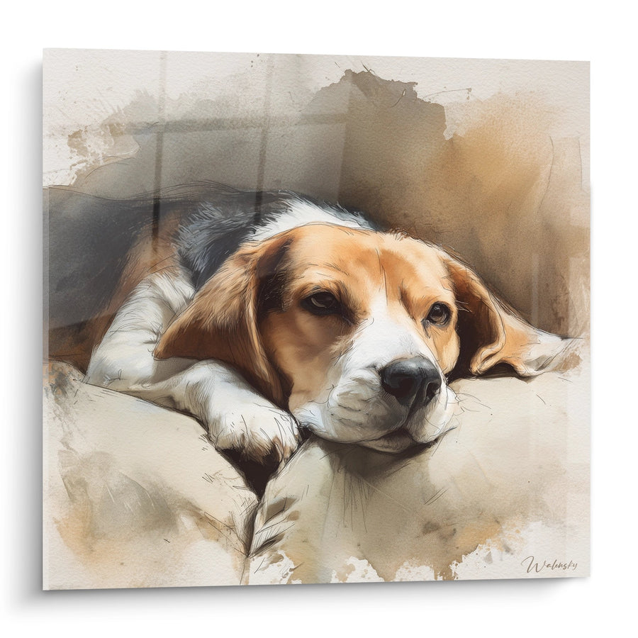 Tableau Beagle Endormi aux Tons Ocre et Blancs - Sérénité Canine - Edition Tableau Beagle