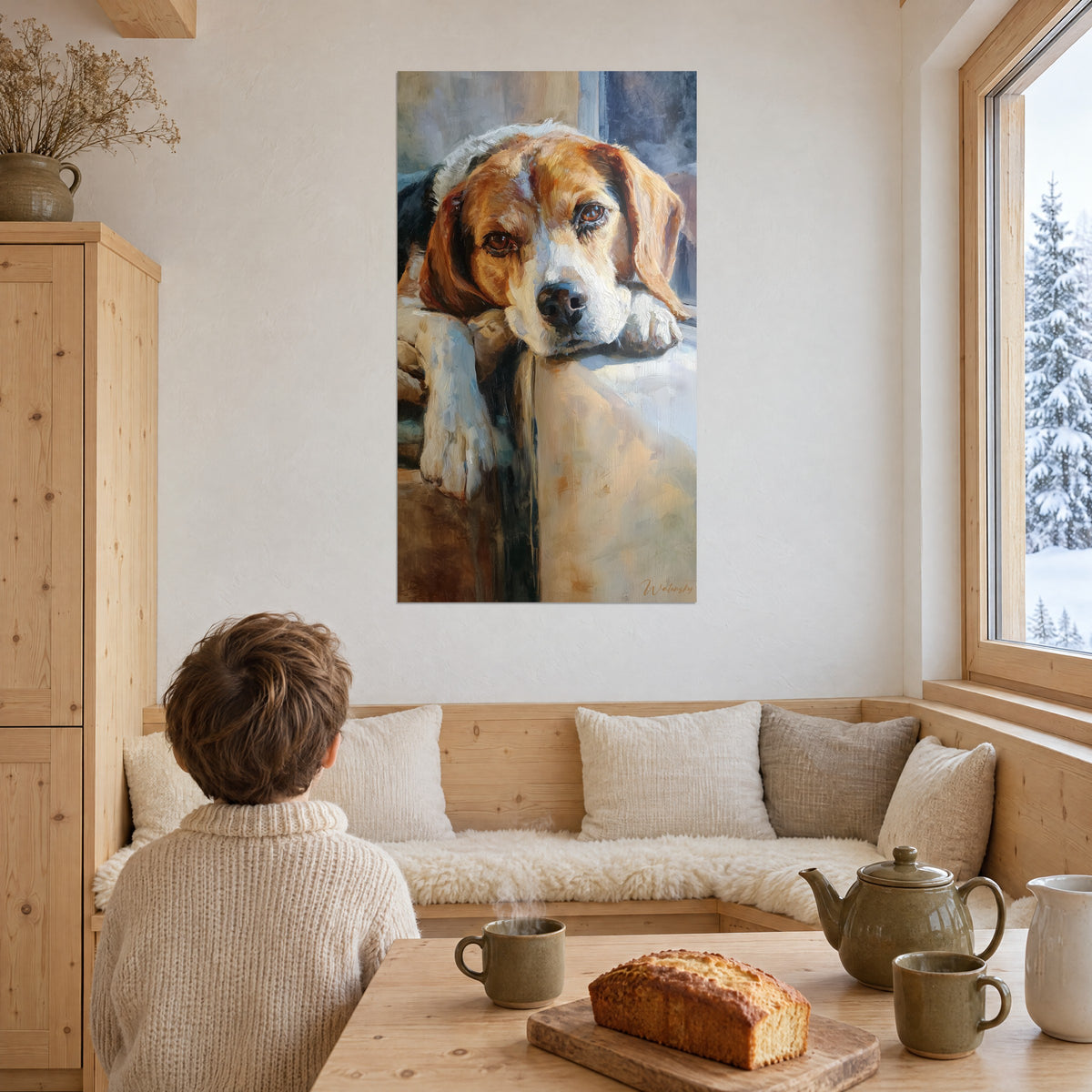 Πίνακας με σκεφτικό κουτάβι beagle, χάλκινο κρεμαστό αυτί και παχιές πινελιές, ώχρα και μπλε, απέναντι σε ένα παιδί καθισμένο σε τραπέζι σε σαλέ