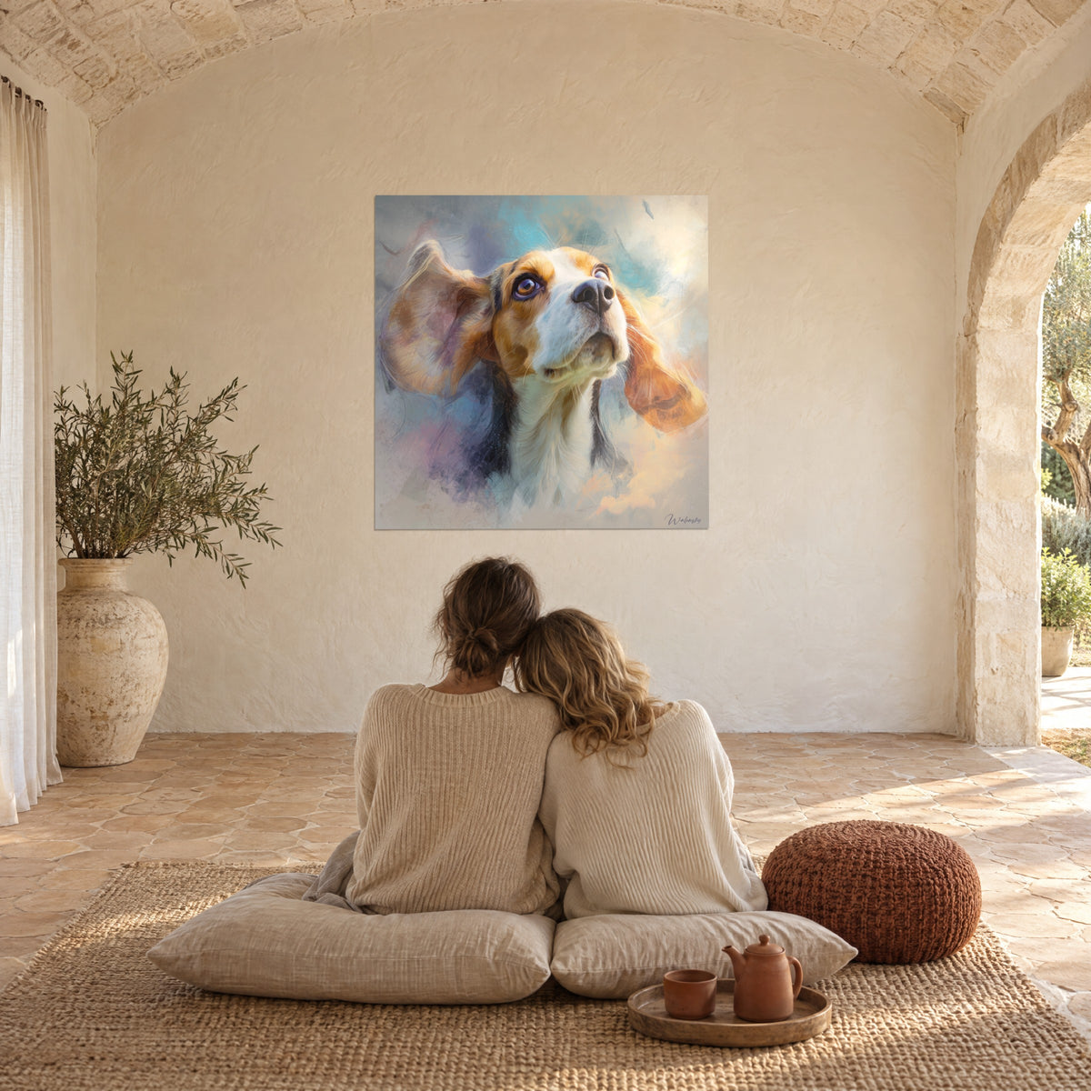 Πίνακας κεφάλι beagle με υψωμένο βλέμμα, χρυσά αυτιά και γαλαζοροζ φωτοστέφανο, απέναντι από ζευγάρι καθισμένο πλάτη σε μπεζ μαξιλάρια