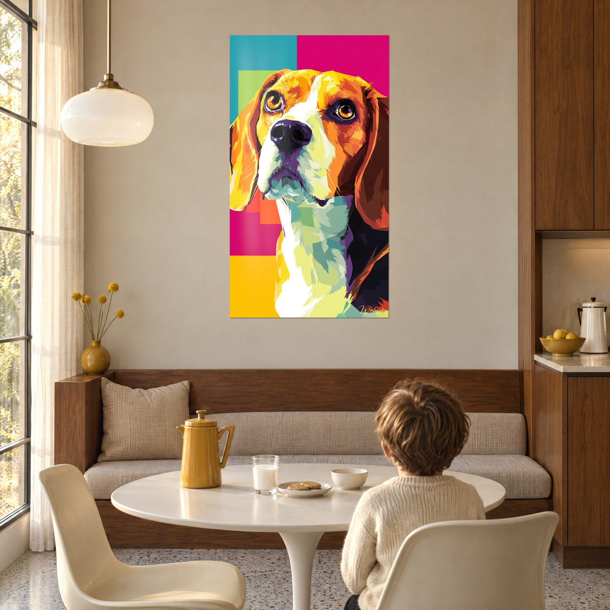Πίνακας στυλιζαρισμένο κουτάβι beagle με καφέ σκούρες και κρεμ λευκές κηλίδες, έντονο ροζ και τιρκουάζ φόντο, παιδί καθισμένο στο τραπέζι της τραπεζαρίας από πίσω