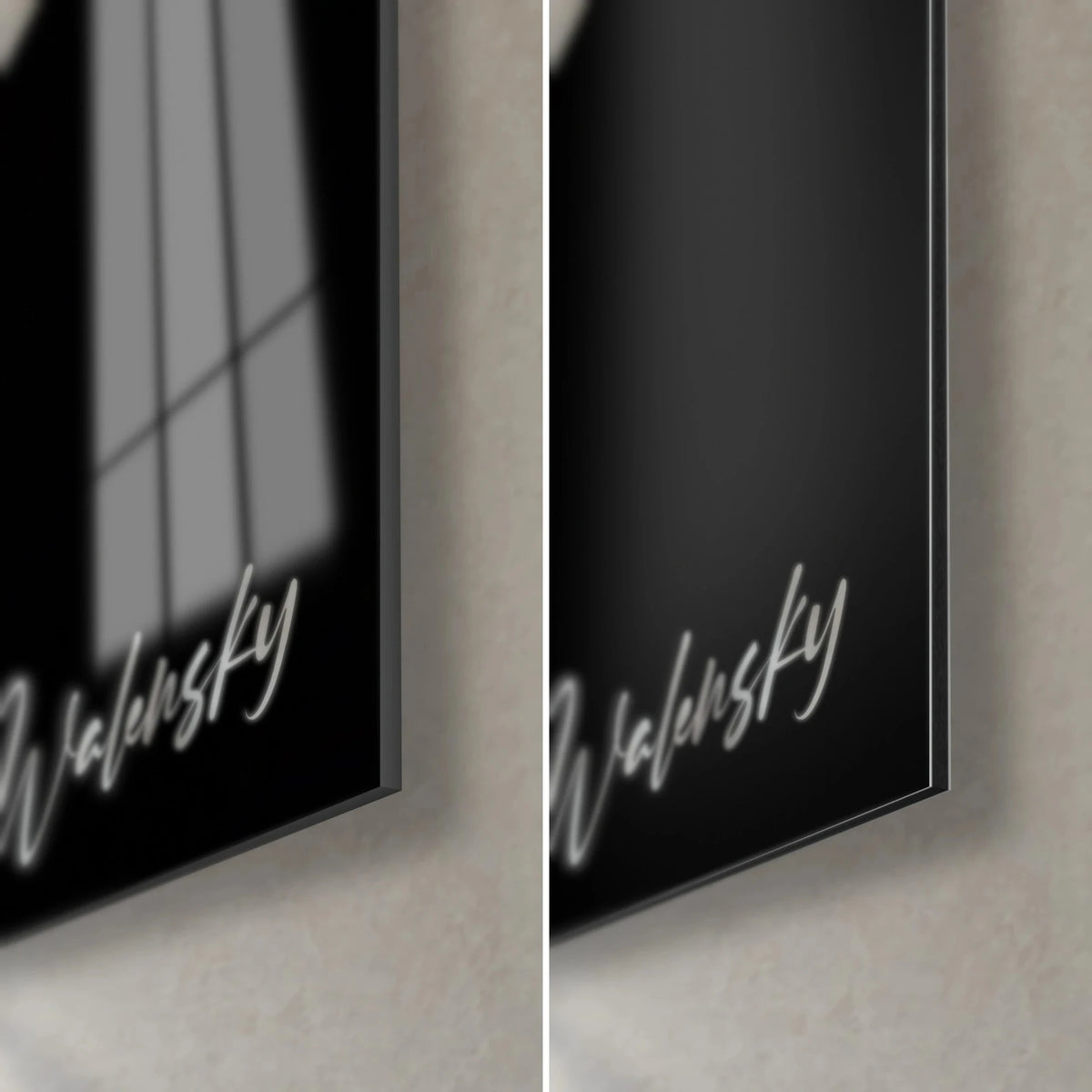 Tableau tête de beagle brun et noir sur fond sombre, coin bas droit : verre acrylique brillant à gauche, Dibond mat à droite
