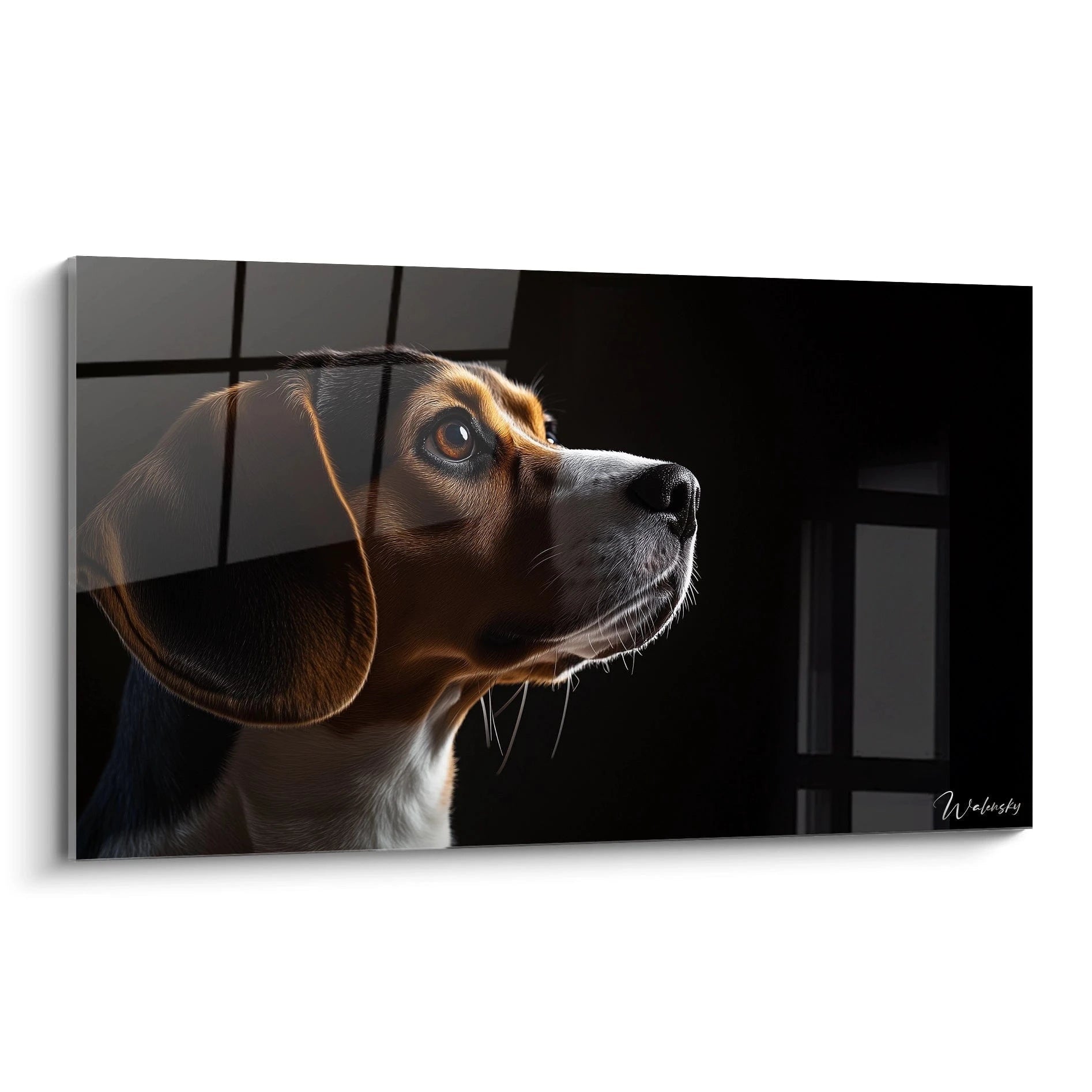 Un tableau Beagle représentant le profil d'un chien à l'expression attentive, avec un pelage tricolore marron, noir et blanc, mis en valeur par un éclairage dramatique sur fond noir, capturant les détails fins de chaque poil.
