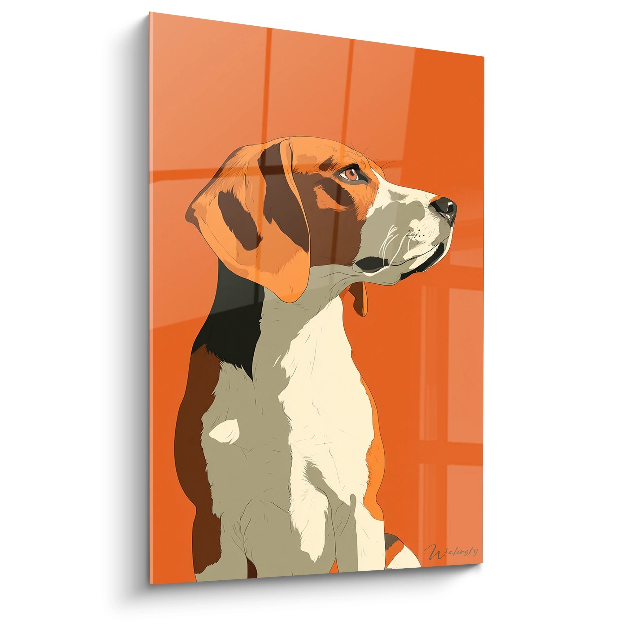tableau beagle portrait profil fond orange art canin moderne decoration murale