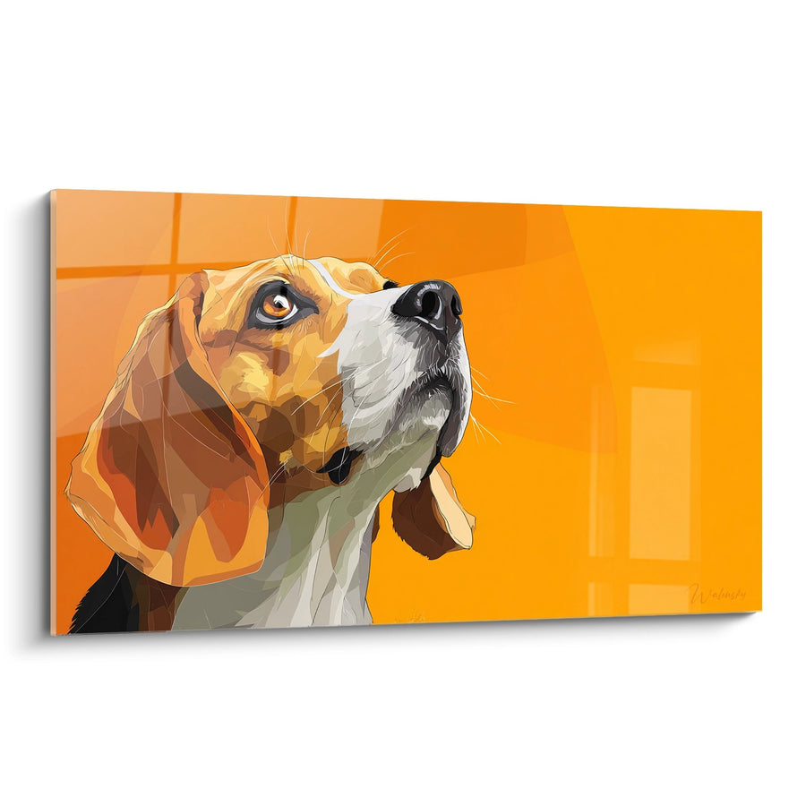 Tableau Beagle Regard Levé sur Fond Orange Vif - Portrait Canin Moderne - Edition Tableau Beagle