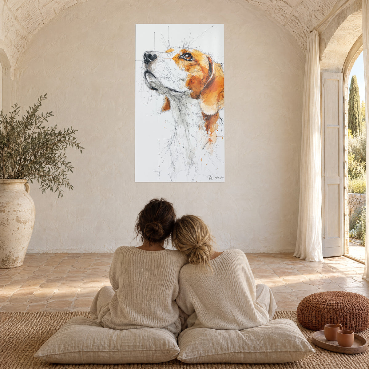 Πίνακας προφίλ beagle που σηκώνει το βλέμμα, έντονο κόκκινο σε λαμπερό λευκό, σε ένα μεγάλο θολωτό σαλόνι με άμμου τοίχους του προβηγκιανού μας