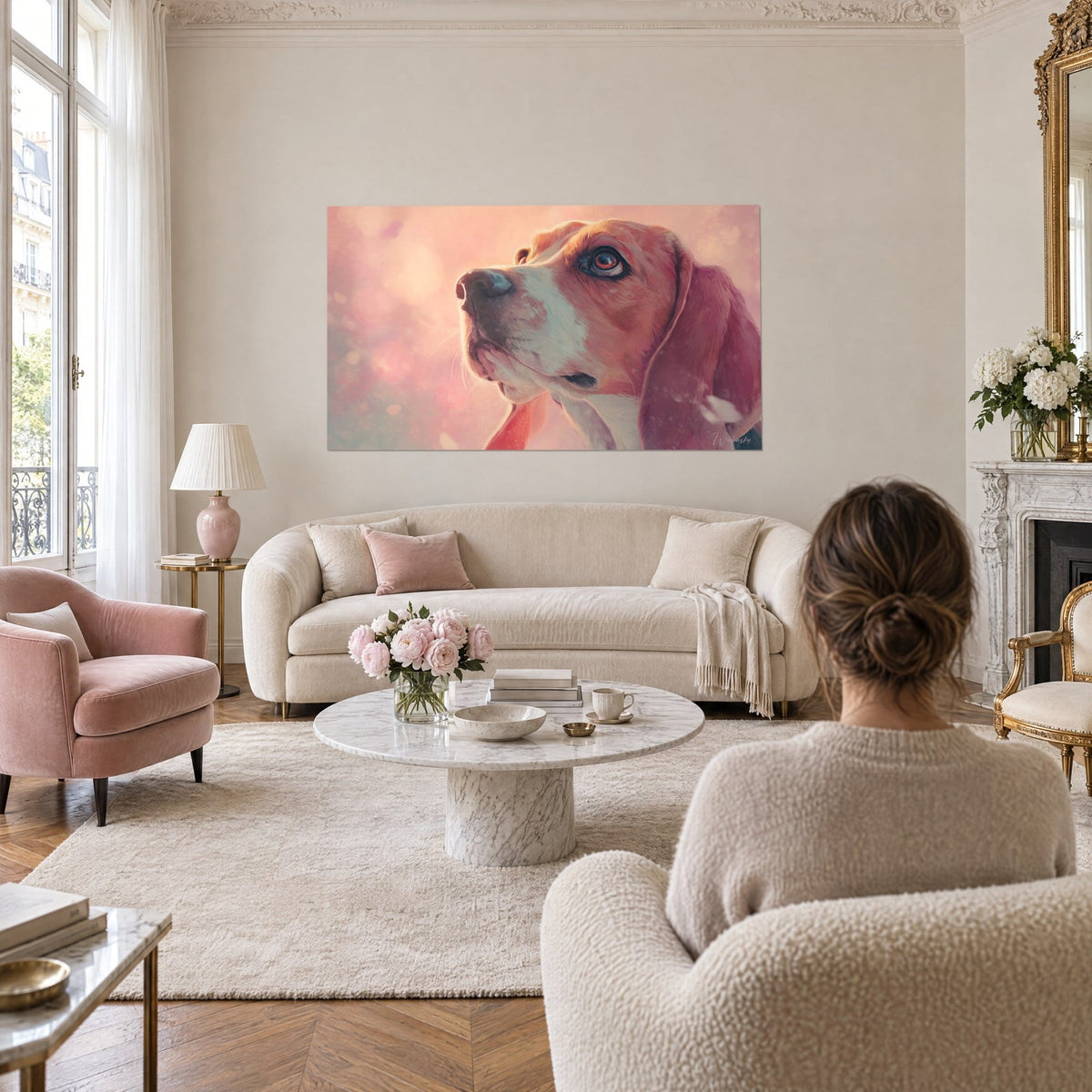 Obraz beagle unoszący pysk, sierść rudo-kremowa na pudrowo-różowym tle, nad sofą w jasnym salonie