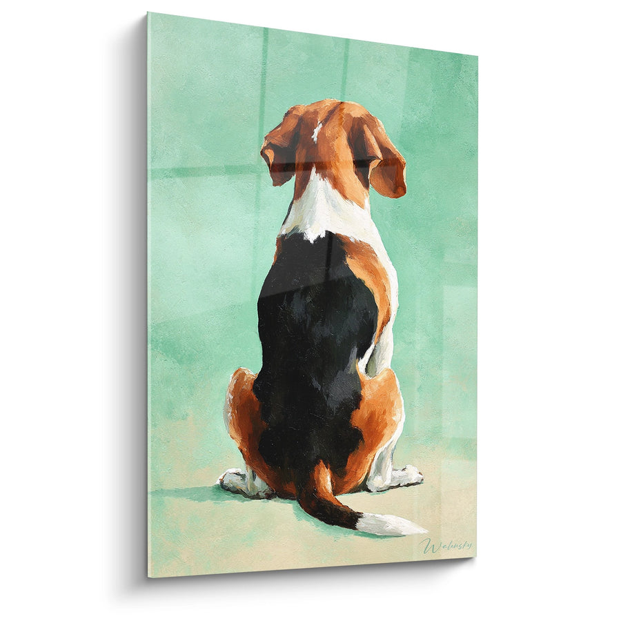 Tableau Beagle Assis Tricolore sur Fond Vert Menthe - Regard Contemplatif - Edition Tableau Beagle