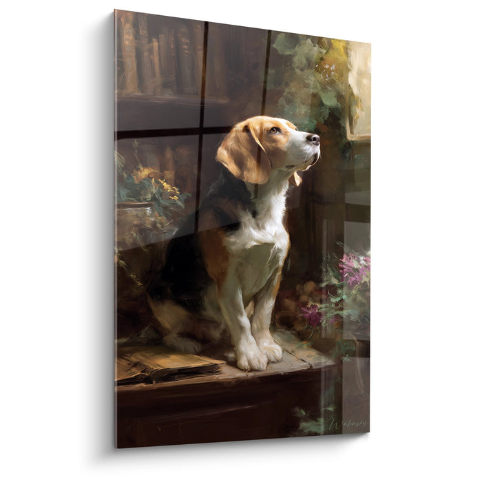 Portrait artistique beagle tricolore regard contemplatif intérieur classique tons chauds bruns ocres