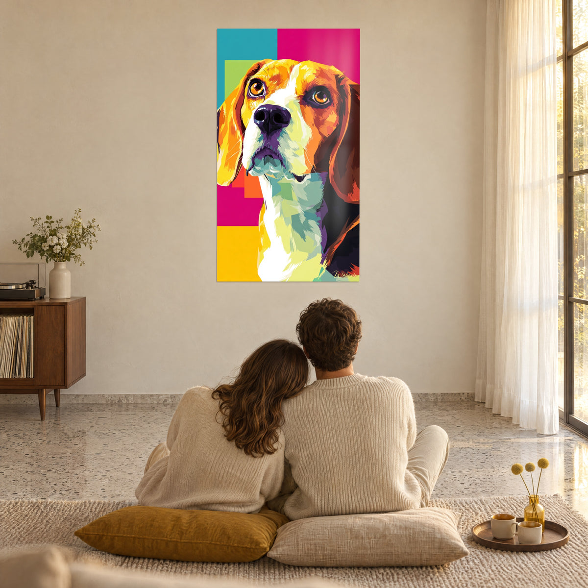Πίνακας γεωμετρικό beagle με κεχριμπαρένια μάτια, λευκός και πράσινος περιλαίμιο, τιρκουάζ και ροζ τετράγωνα, ζευγάρι από πίσω καθισμένο σε μαξιλάρια