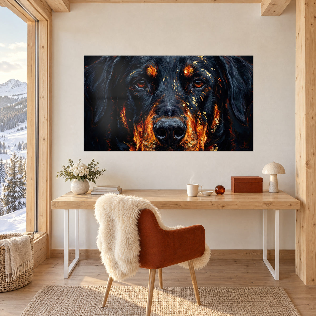 Wall art black dog with a blazing gaze, russet irises and ember-like fur, on a white wall above a wooden desk