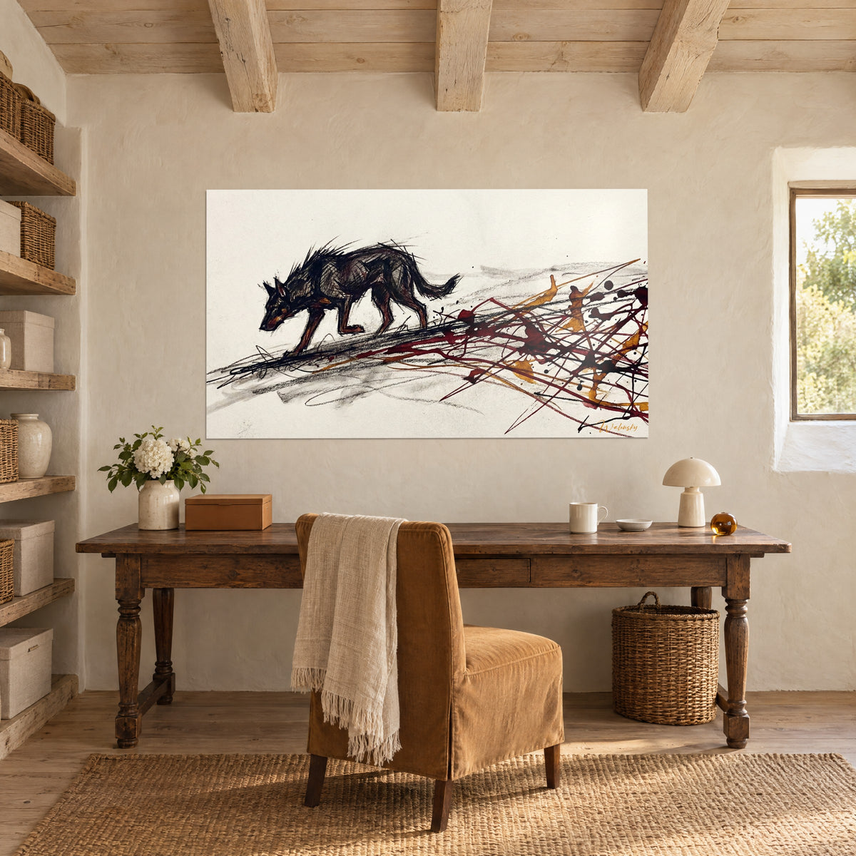 Πίνακας Beauceron σκιαγραφημένος με κάρβουνο, μαύρο τρίχωμα και ξανθοκαφέ στήθος, βαθυκόκκινες και μουσταρδιές πινελιές, πάνω από ξύλινο γραφείο