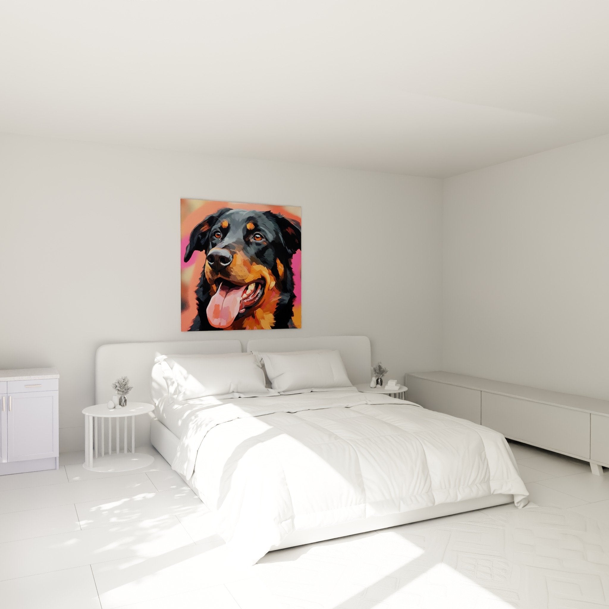 Tableau Beauceron expressif décorant chambre moderne murs clairs ambiance chaleureuse art contemporain