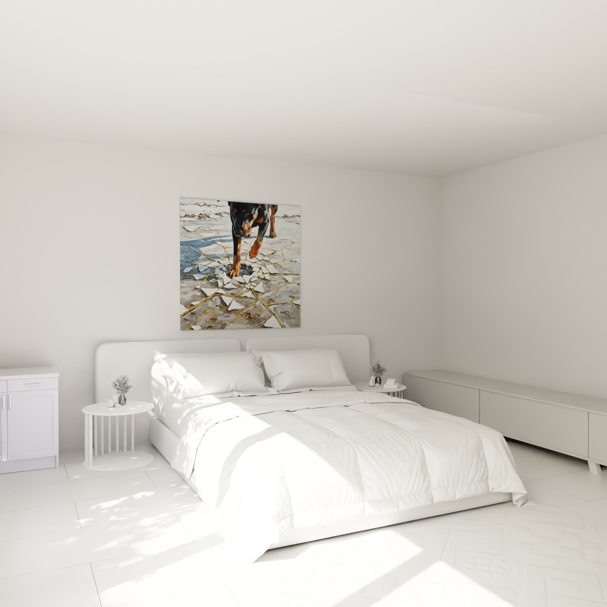 Tableau Beauceron sur pavés dans chambre, décoration murale chaleureuse tons naturels