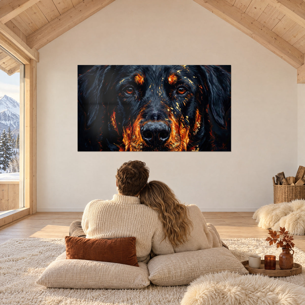 Wall art black shepherd dog with fiery eyebrows, drooping ears and gold touches, facing a couple seen from behind on cushions