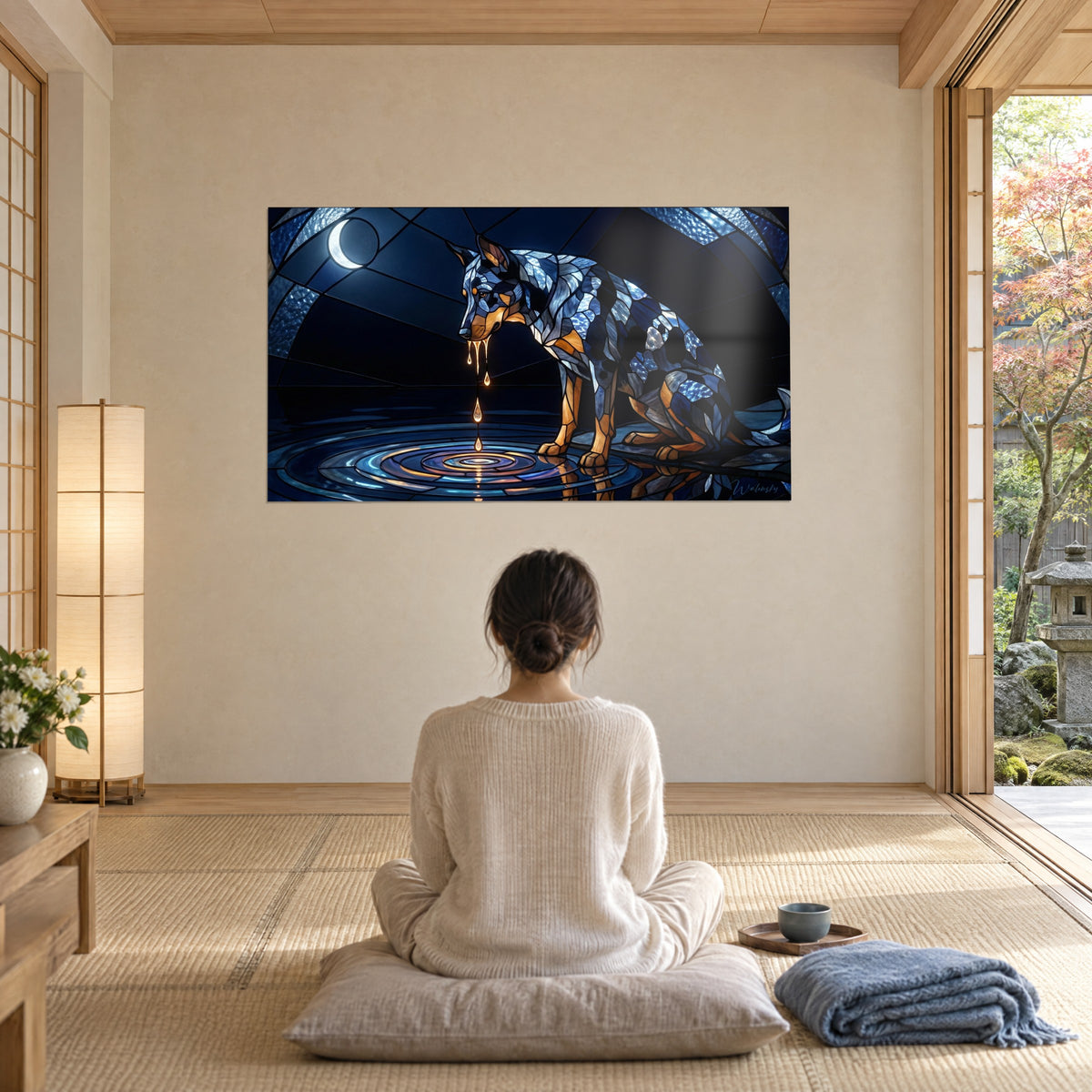 Cuadro cánido con destellos zafiro y cobre en una bóveda de vidriera, mujer de espaldas meditando sobre un cojín gris, sala de tatami
