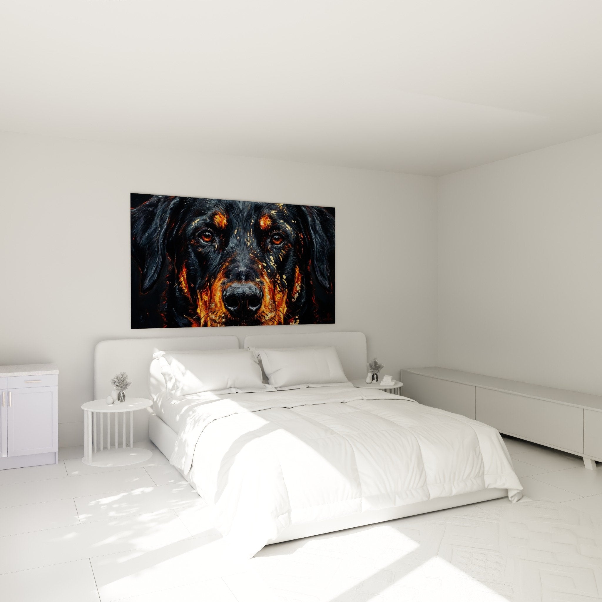 Tableau Beauceron flammes dorées dans chambre moderne, ambiance chaleureuse et mystérieuse