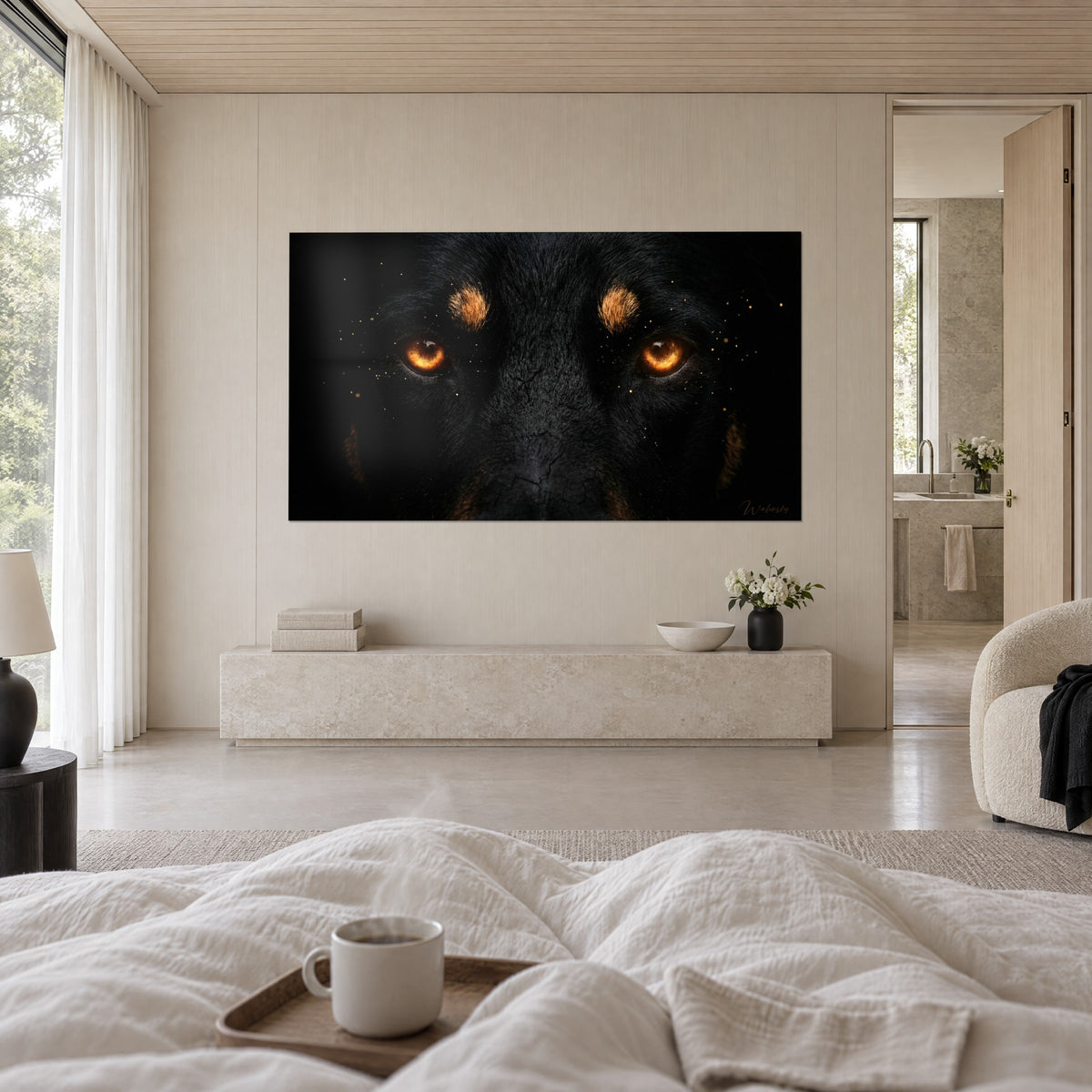 Gemälde schwarze Rottweiler-Schnauze mit kupferfarbenen Iris und feuerfarbenen Flecken über den Augen, über einem Bett in einem hellen Schlafzimmer