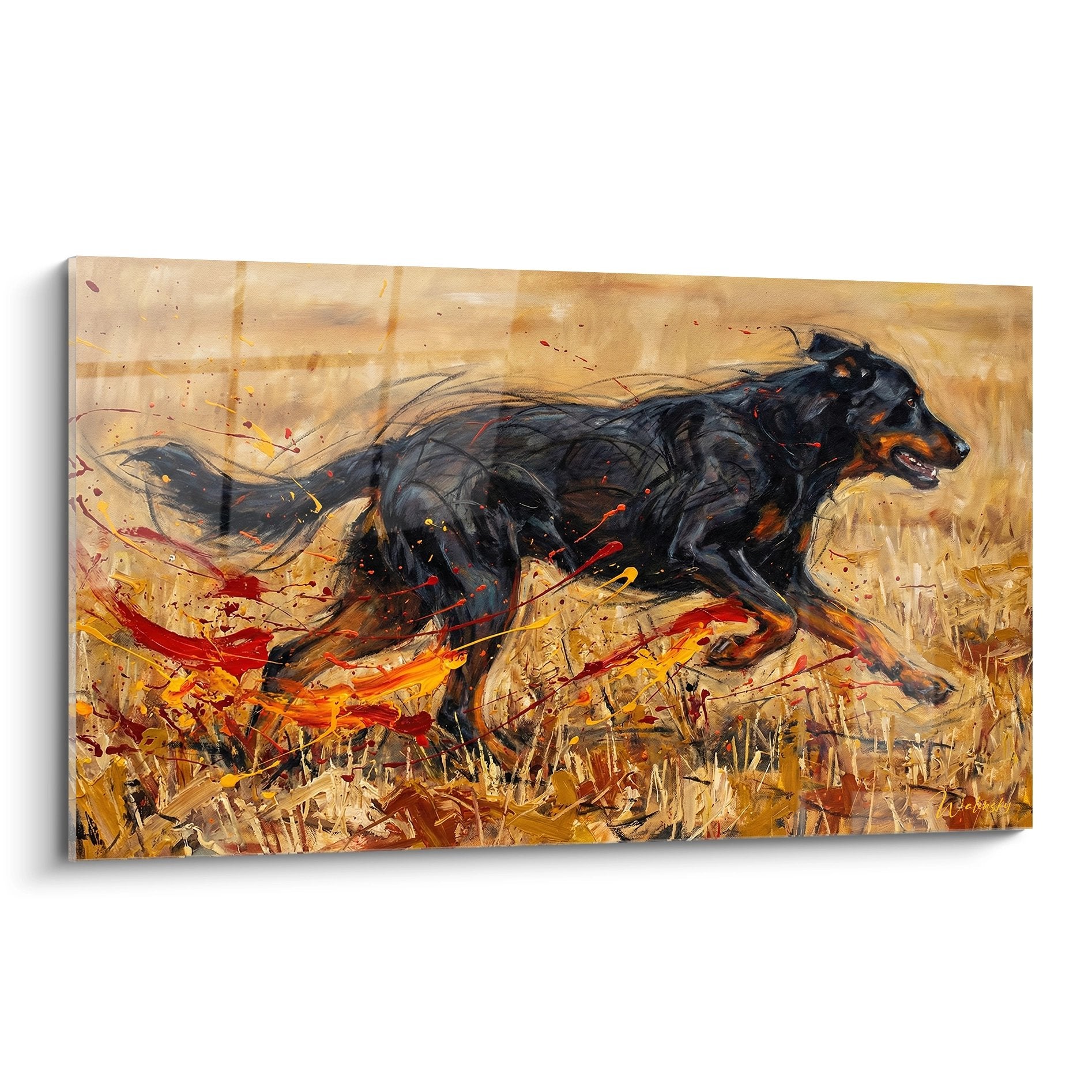 tableau expressionniste beauceron noir course flammes dorées peinture animalière