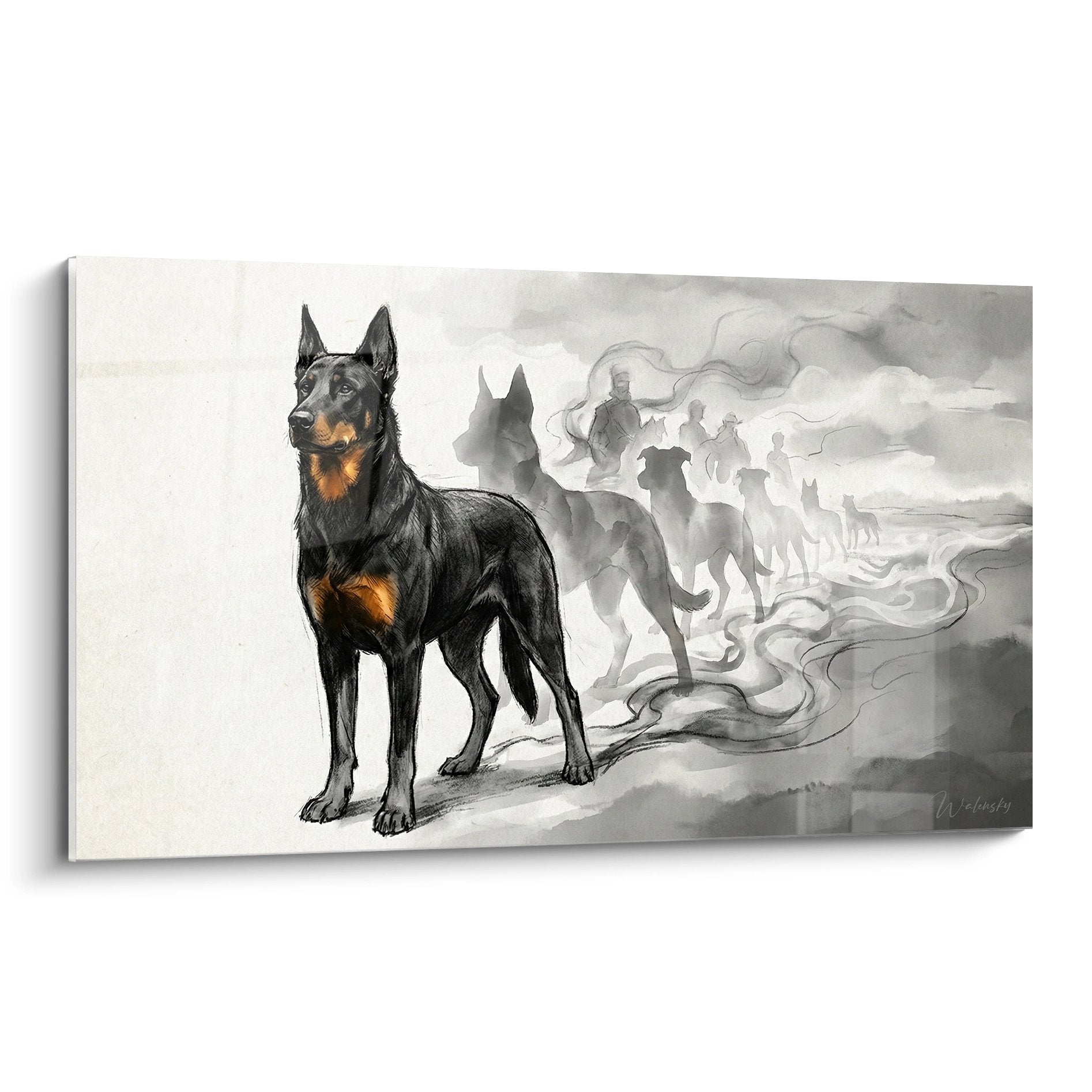 Tableau mystique Beauceron noir et feu avec silhouettes spirituelles grises emergent des nuages vaporeux