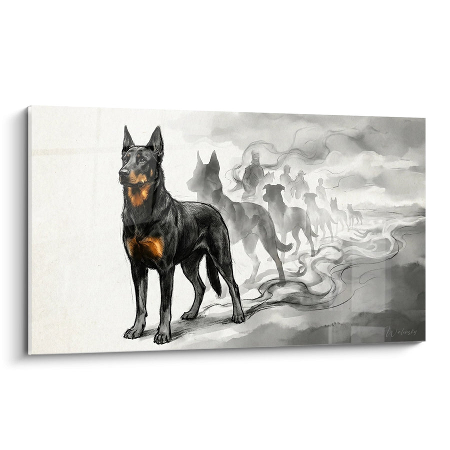 Tableau Beauceron Noir et Feu avec Silhouettes Spirituelles - Entre Deux Mondes - Edition Beauceron