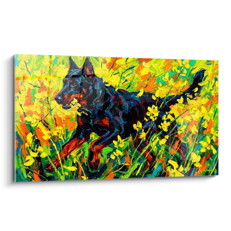 Tableau Beauceron Noir dans Prairie Fleurie Jaune - Éclat Printanier - Edition Beauceron