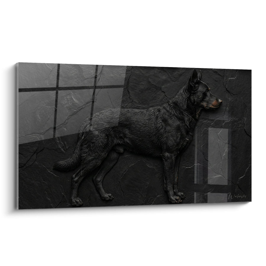 Gemälde Schwarzer Hund im Profil auf rissigem Fliesen - Nachdenklicher Blick - Beauceron Edition