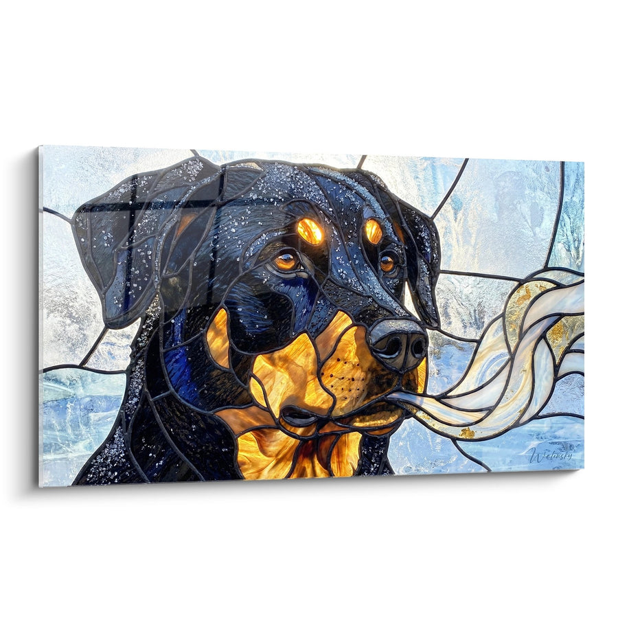 Schwarzer Hund mit goldenen Reflexen im Buntglassstil - Leuchtend Portrait - Beauceron Edition