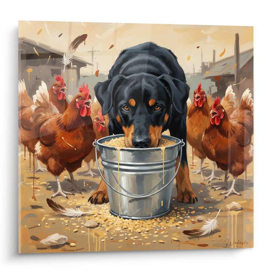Tableau Chien Noir et Fauve Mangeant Entouré de Poules - Scène de Ferme Rustique - Edition Beauceron