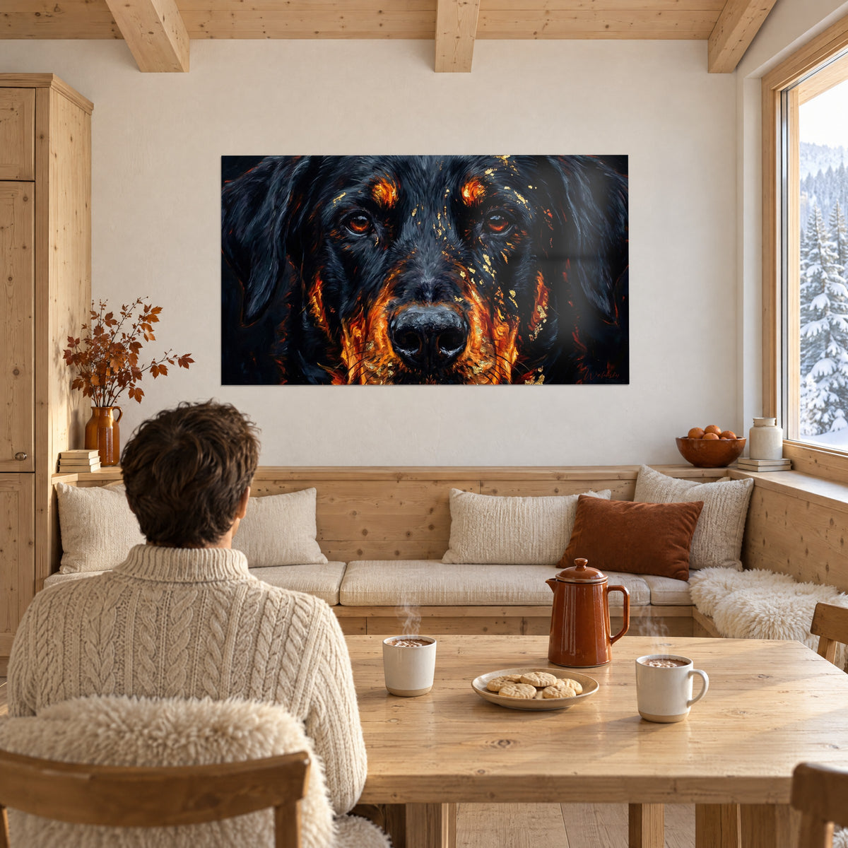 Wall art black Rottweiler muzzle streaked with ochre flames and gold sparkles, facing a dining nook in light wood