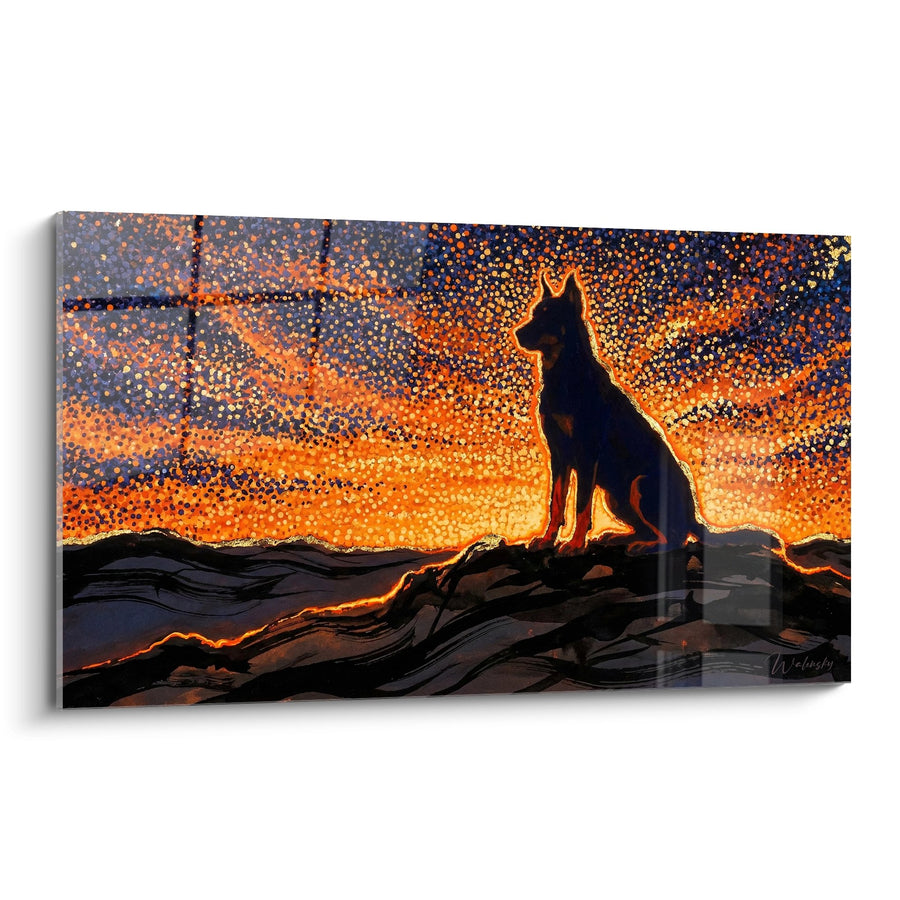 Cuadro Perro Silueta sobre Cielo Estrellado Naranja - Luz Cósmica - Edición Braco de Auvergne